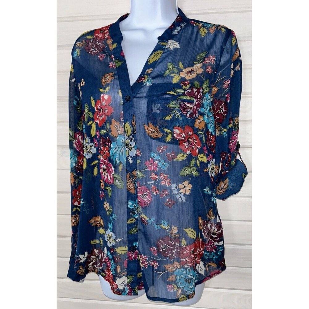 Kut From The Kloth Sz XS Blue Red Floral Semi-Sheer Button Blouse EUC